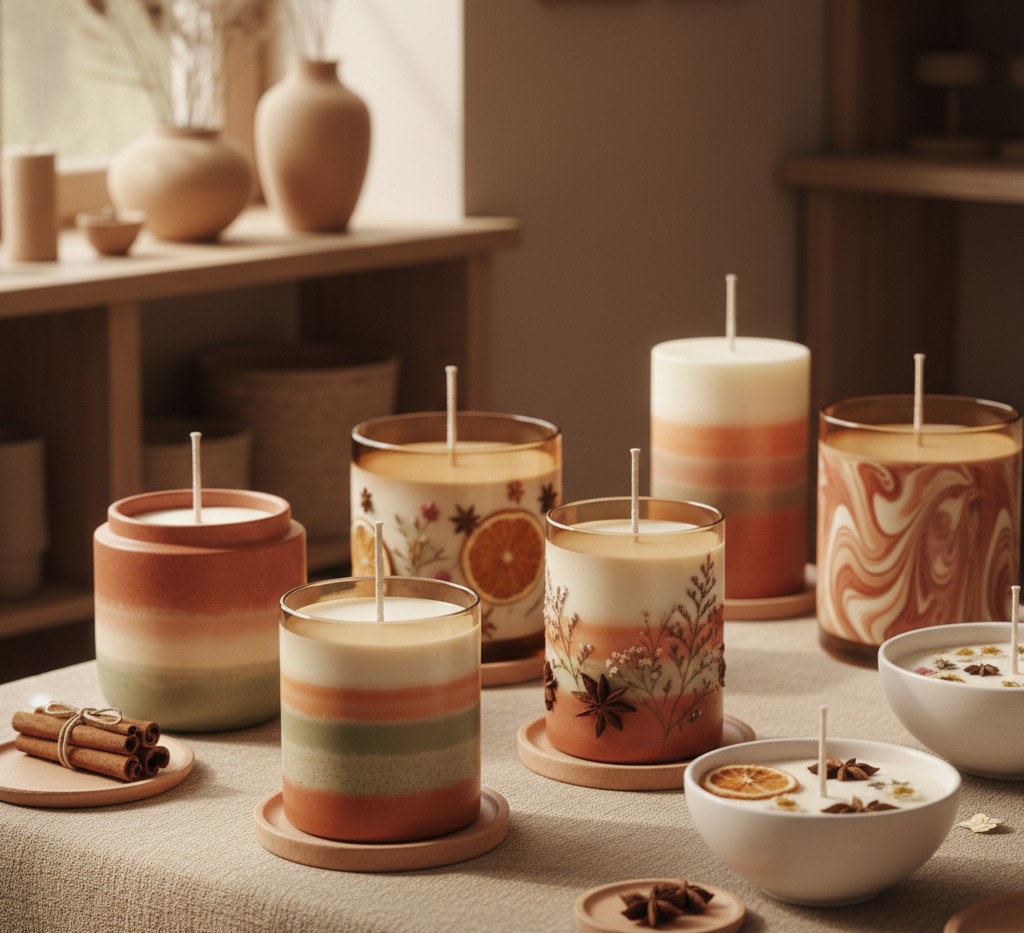 Finished candles with artistic designs