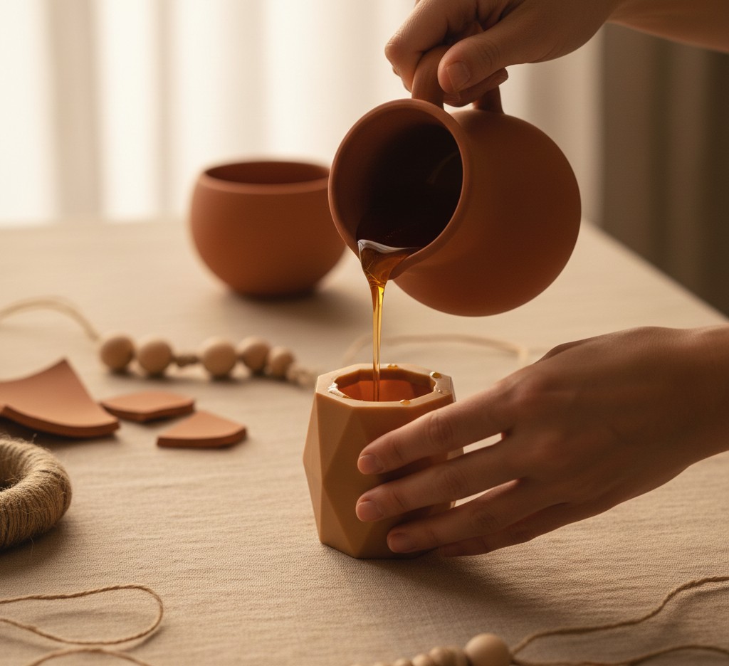Hands pouring wax into a candle mold
