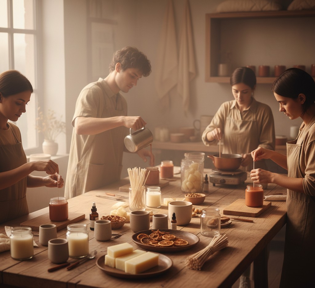 Candle making workshop with warm lighting