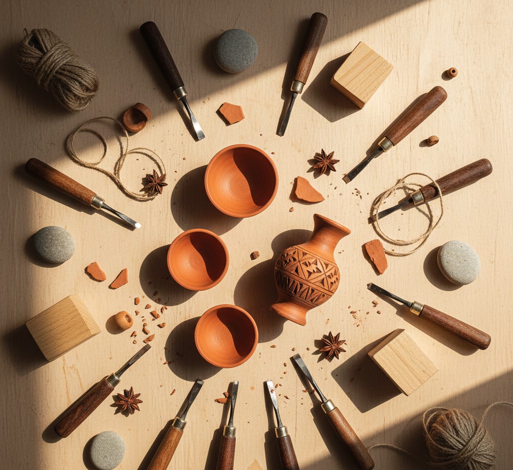 Various handcrafted items and tools