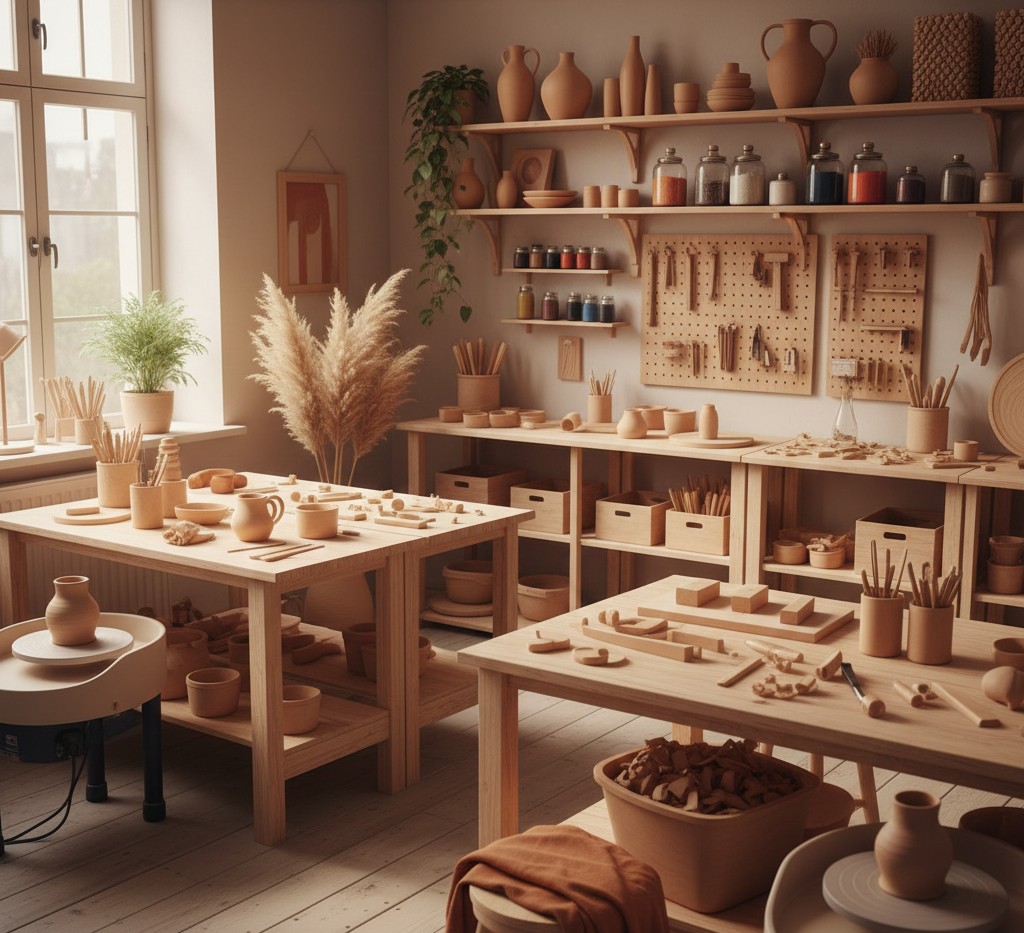 Workshop space with various crafting stations