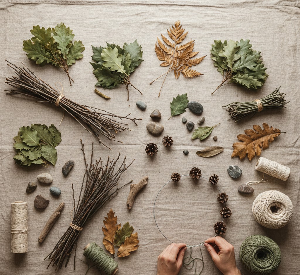 Crafting with natural materials like branches and leaves