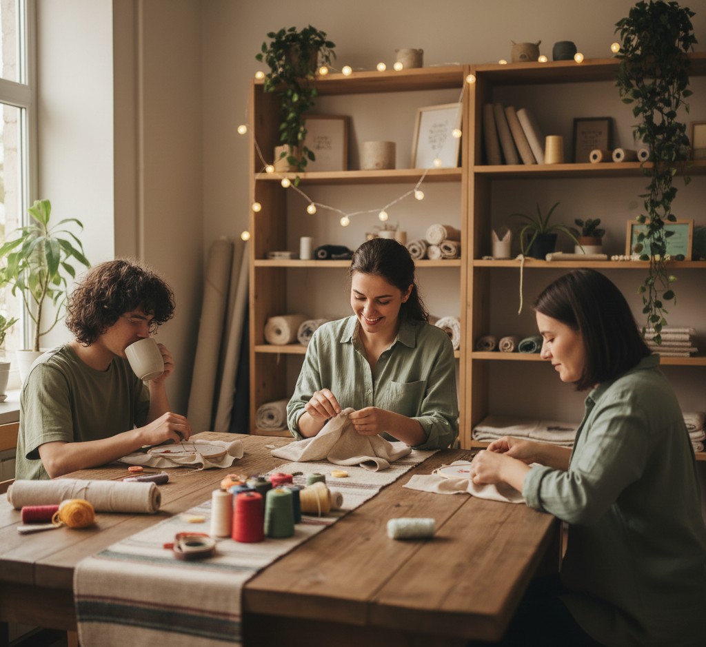 People working on textile projects together