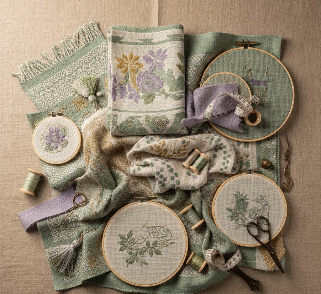 Colorful textiles and fabric arts display