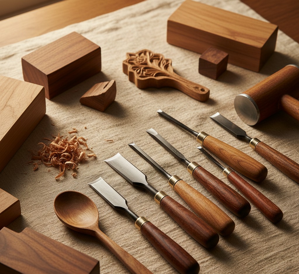 Wood carving tools and finished pieces