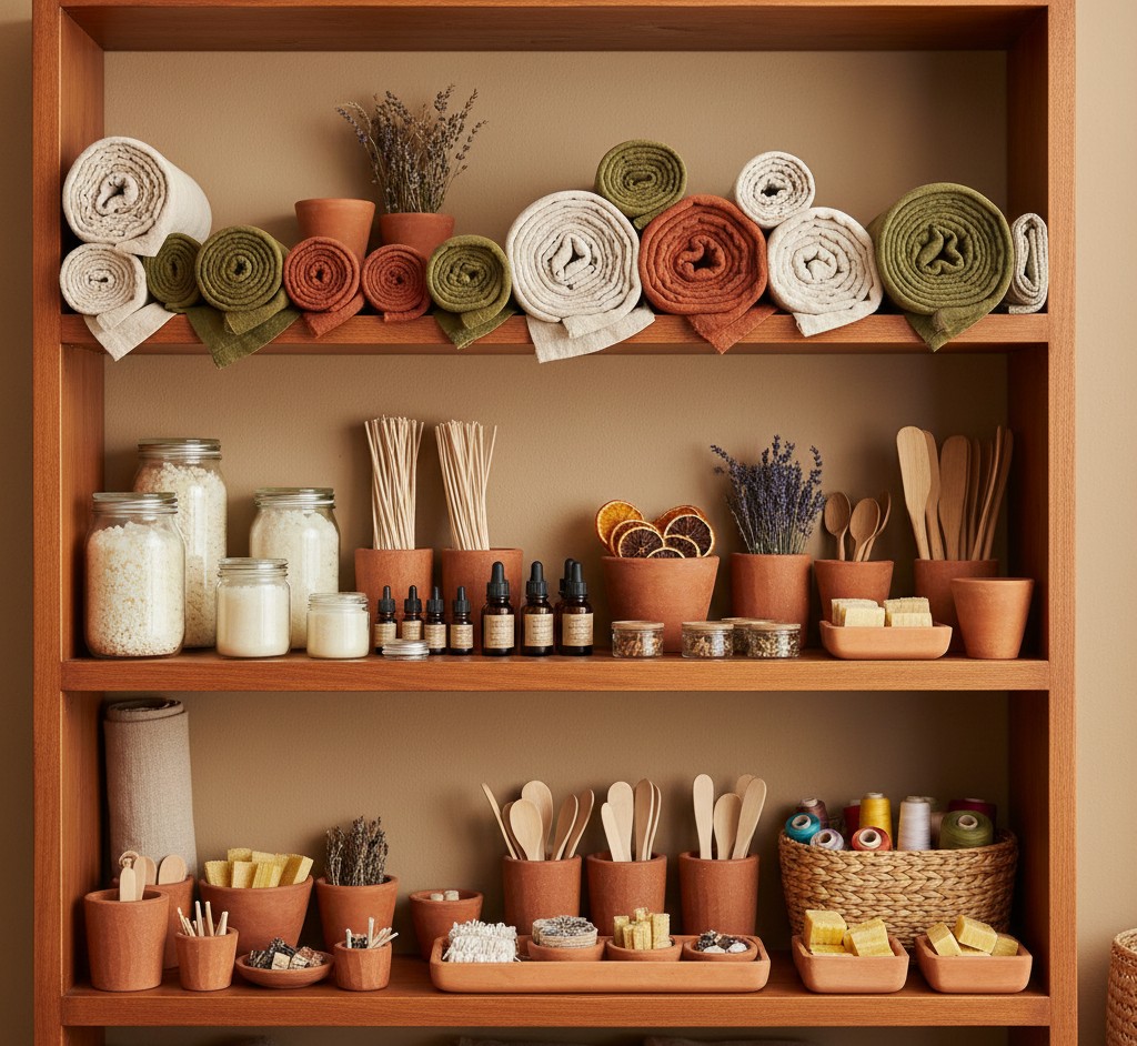 Beautiful array of natural crafting materials organized on shelves